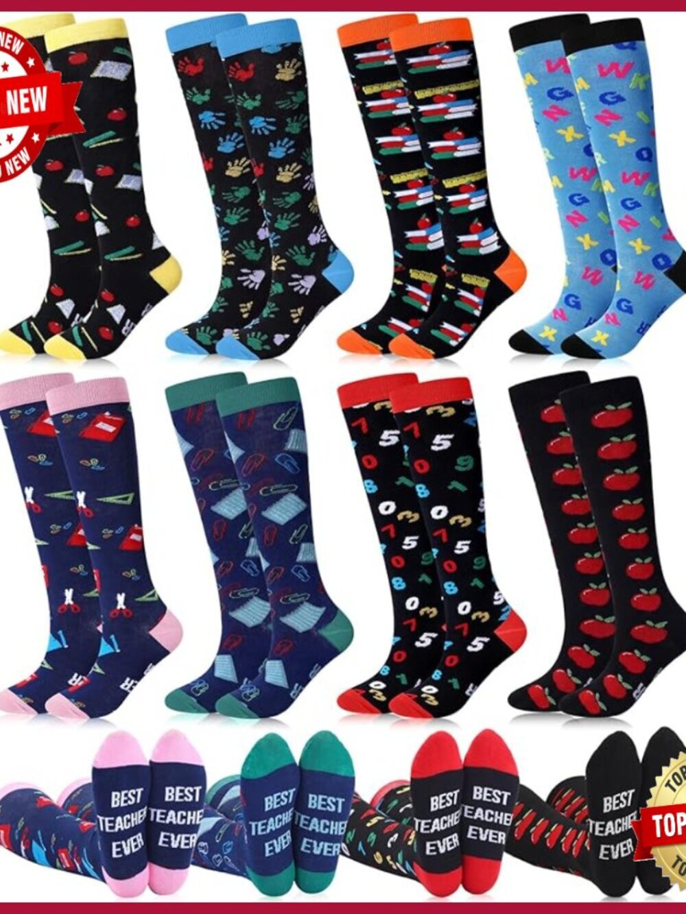 8 Pairs Teacher Knee High Socks for Women Men Novelty Funny Socks Graduation